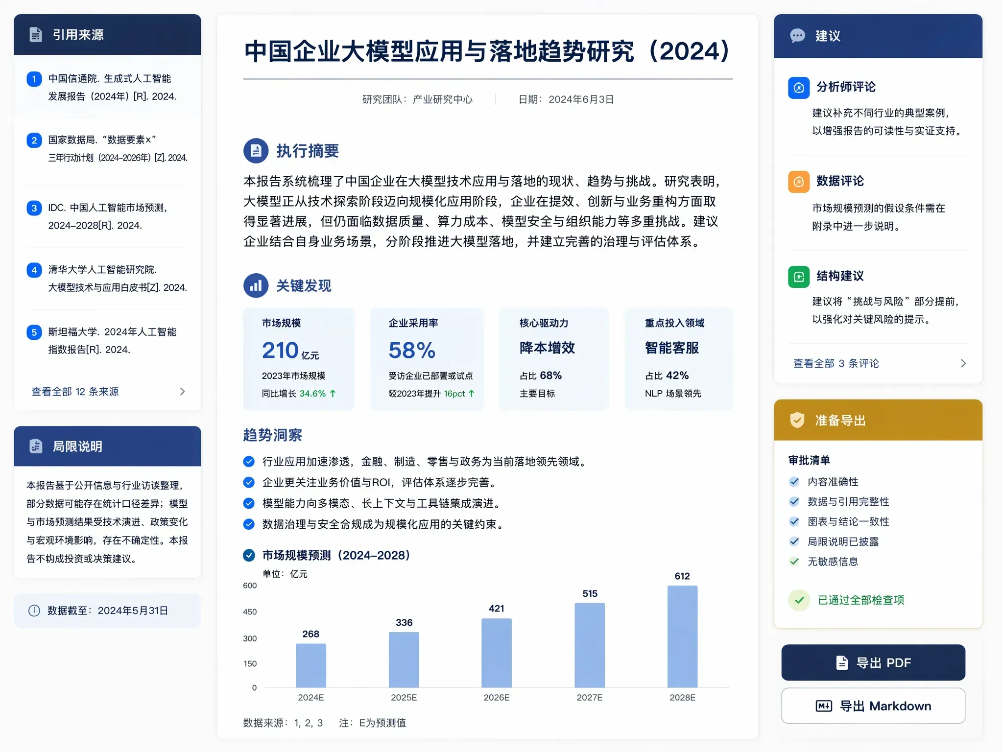 User reviewing and exporting a deep research report