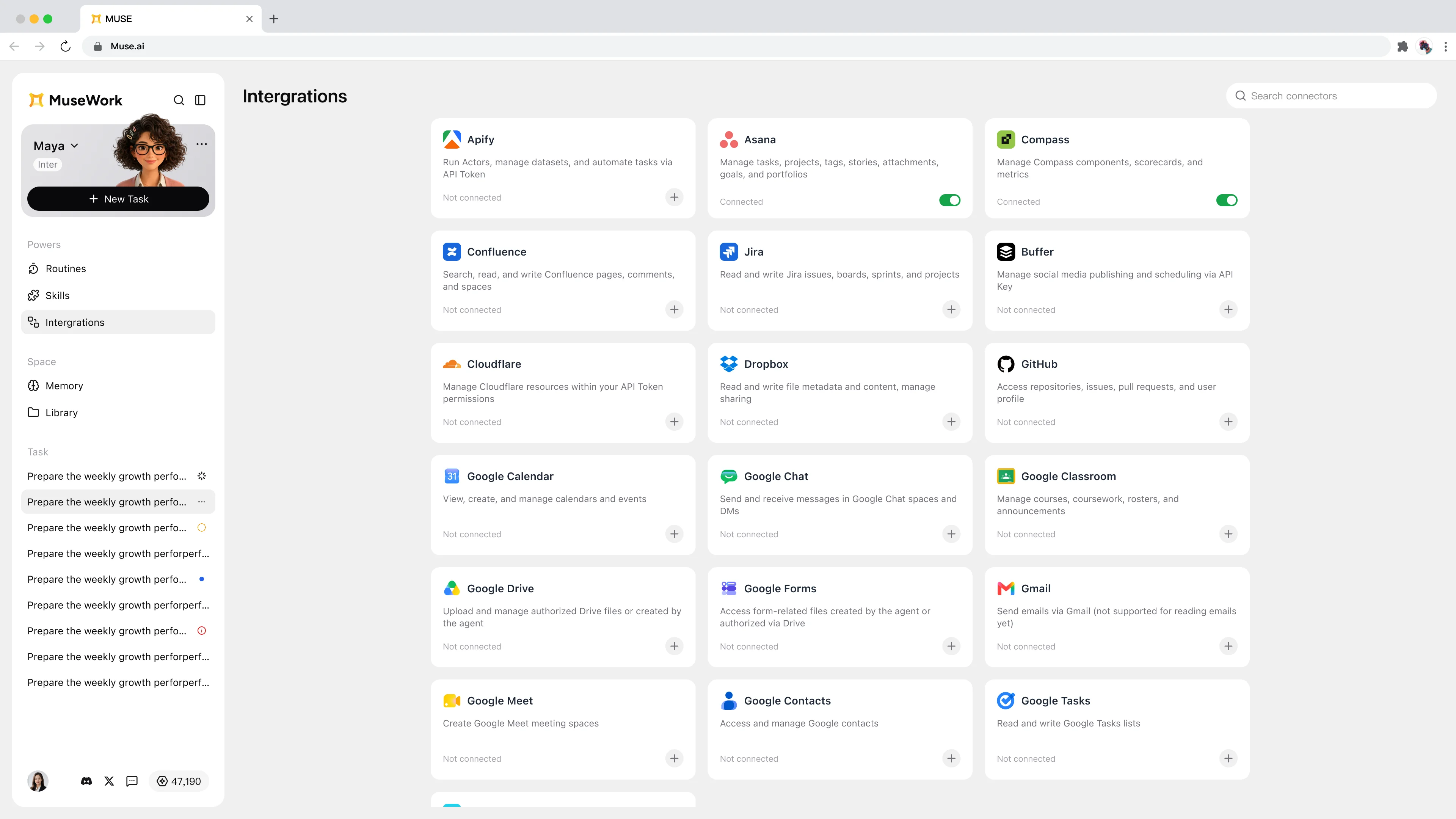 MuseWork Integrations 应用集成与连接管理页面