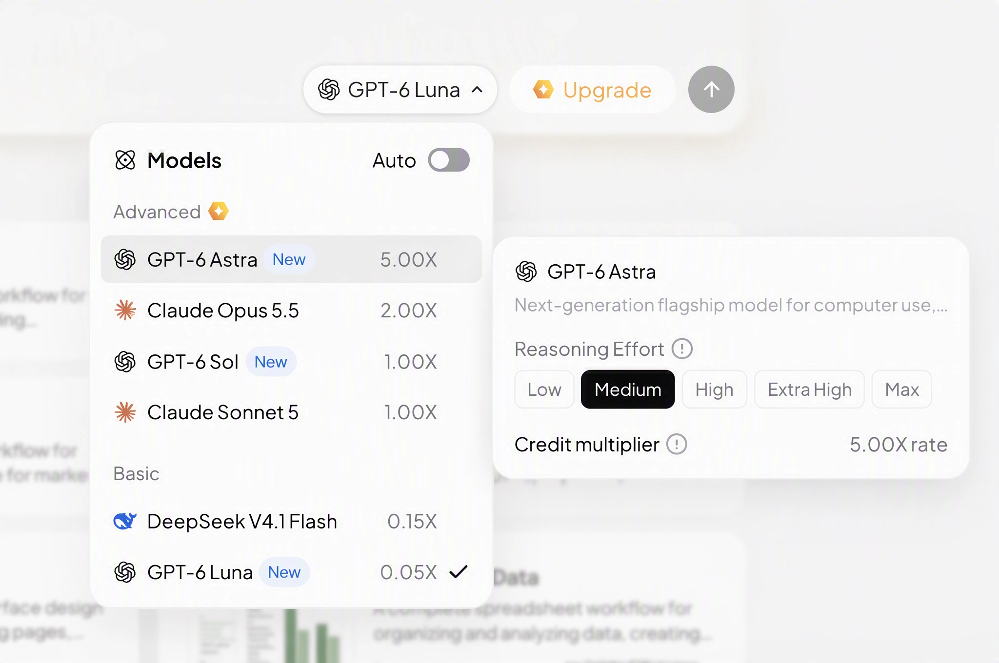 MuseWork model menu with the GPT-6 Astra details card open, showing reasoning effort options and a 5.00X credit multiplier.