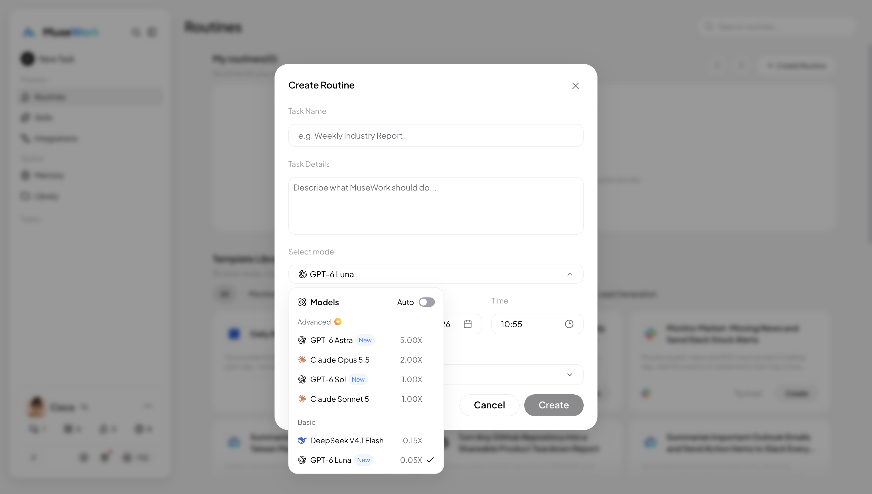 MuseWork Create Routine dialog with the model menu open, allowing a model to be selected for recurring work.