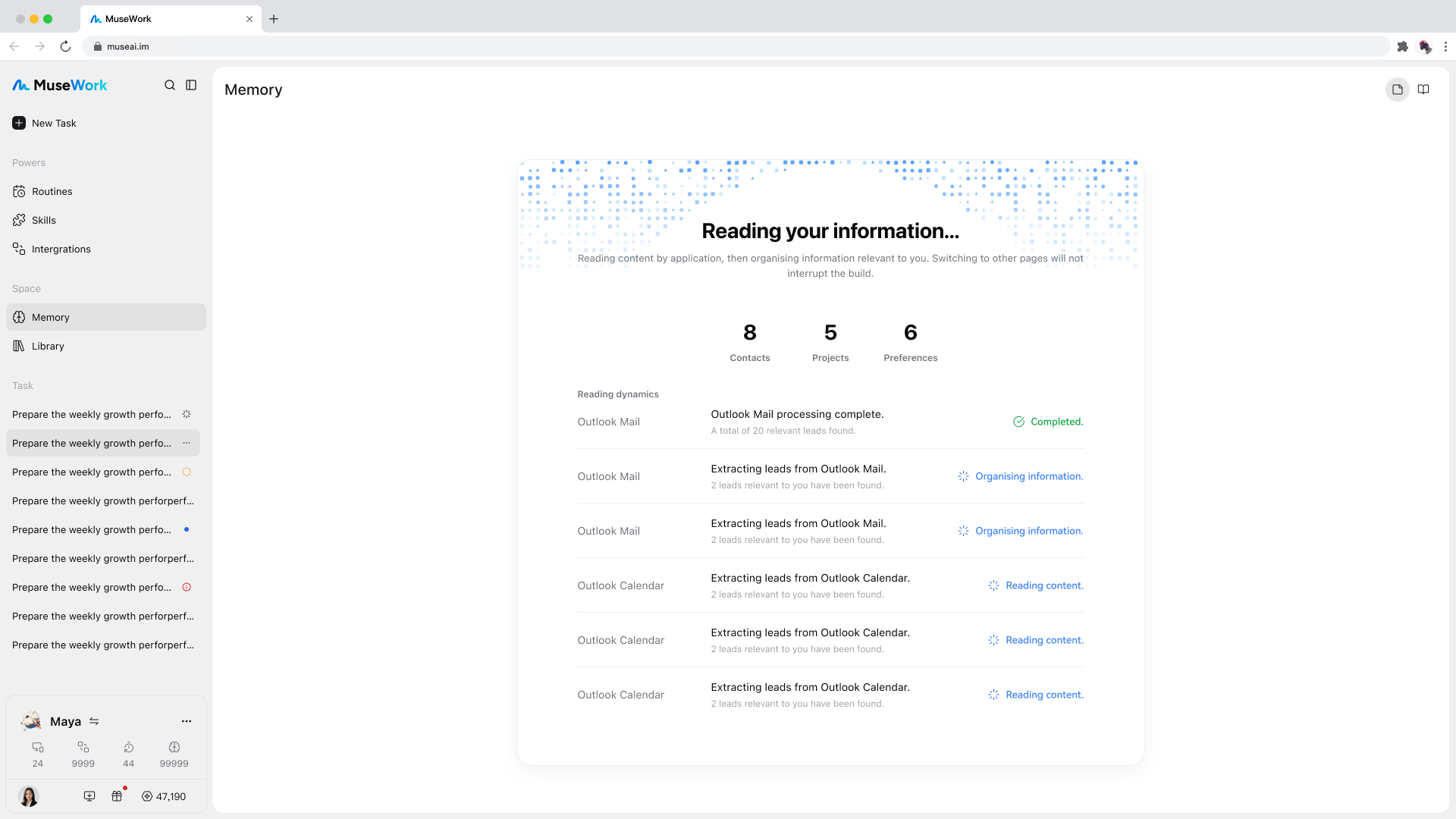 MuseWork Memory build progress showing contacts, projects, preferences, and source processing statuses.