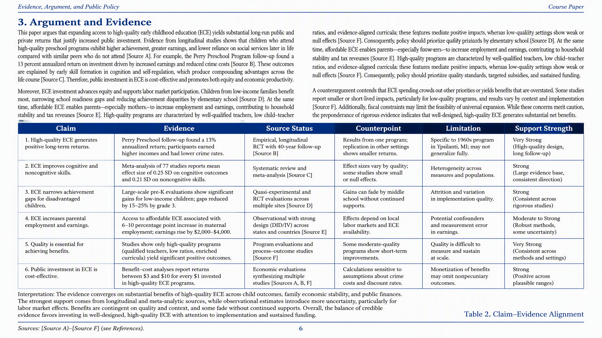 Course paper argument and evidence table preview