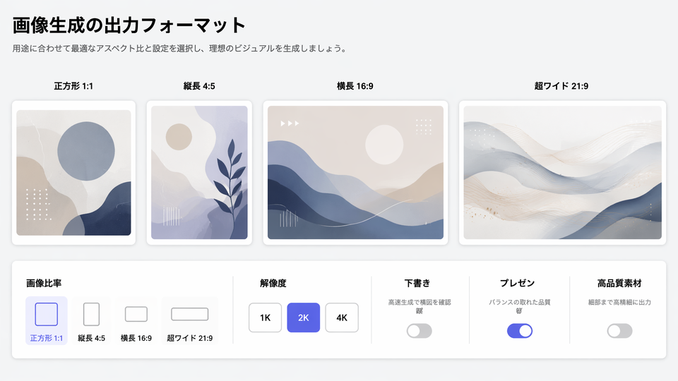 Muse AI 画像ジェネレーターがさまざまなビジュアル出力のアスペクト比と解像度を選択する様子