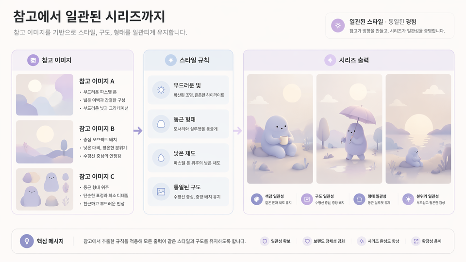 Muse 이미지 크리에이터가 참조 이미지로 비주얼 스타일 일관성을 유지하는 모습