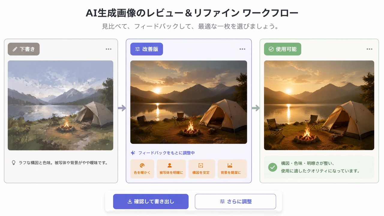 Muse AI 画像ジェネレーターがユーザーのレビュー後に生成ビジュアルを改善する様子