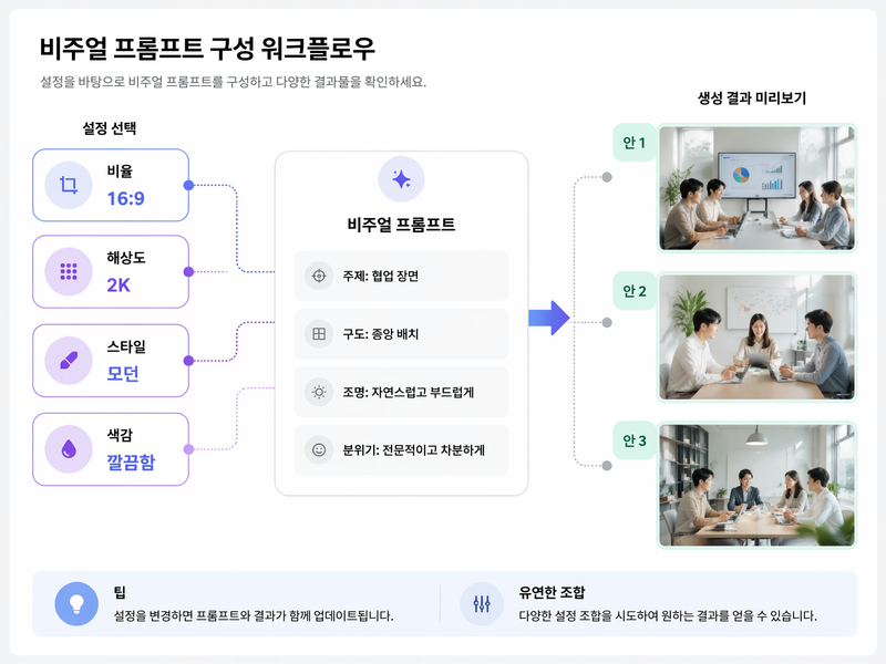 Muse 이미지 크리에이터가 스타일과 포맷 제어로 비주얼 옵션을 생성하는 모습