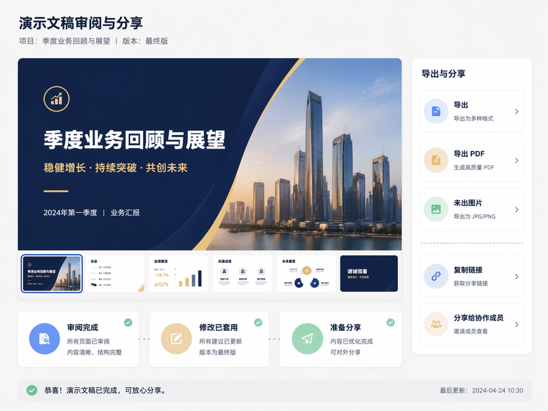 用户正在审阅并分享 AI 生成幻灯片