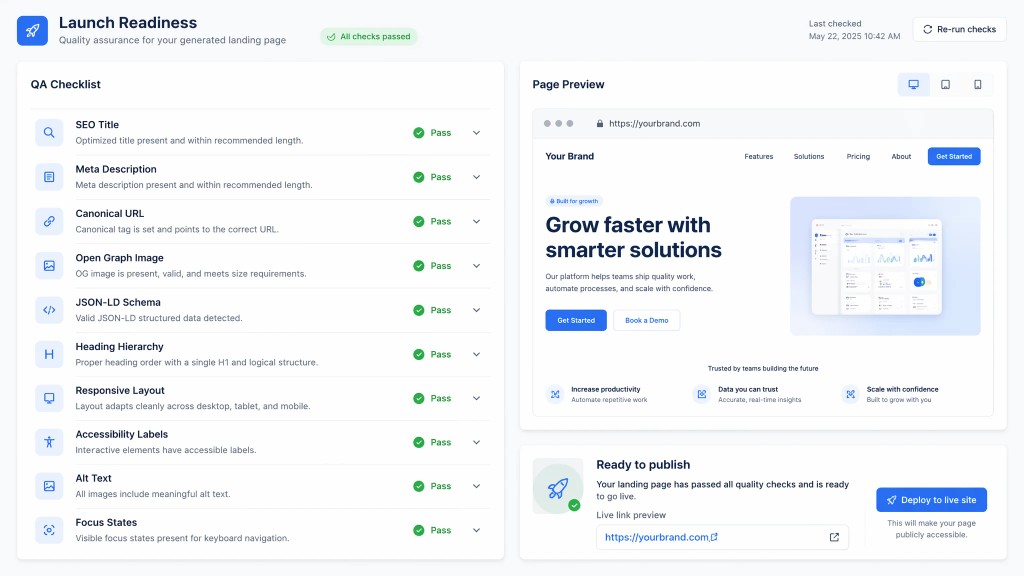 Muse website builder SEO QA checklist and deploy preview