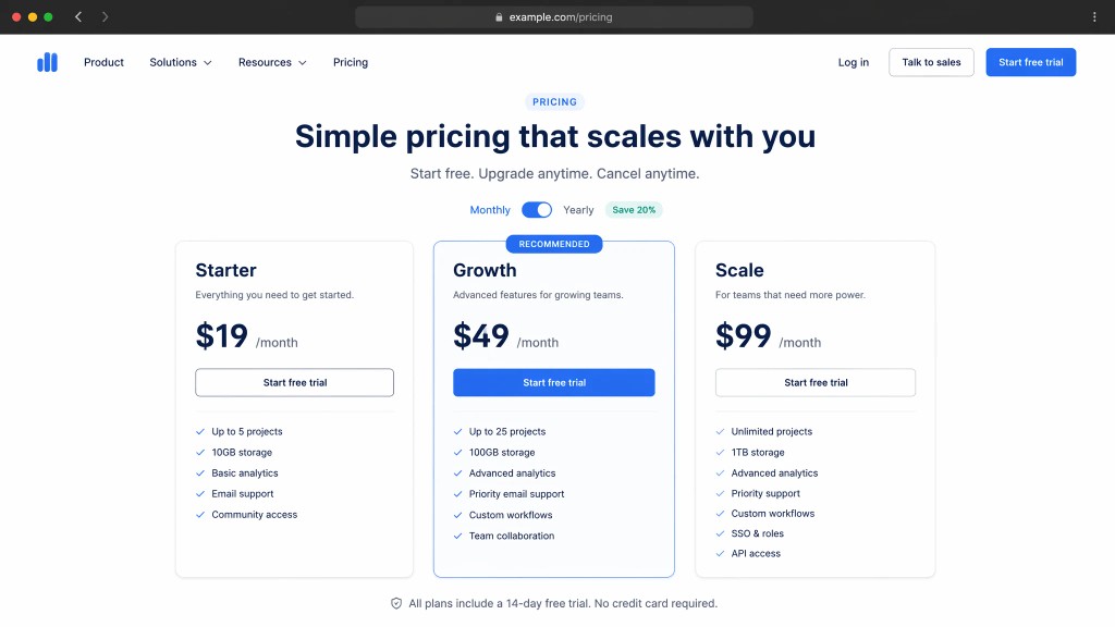 Landing page pricing section variant