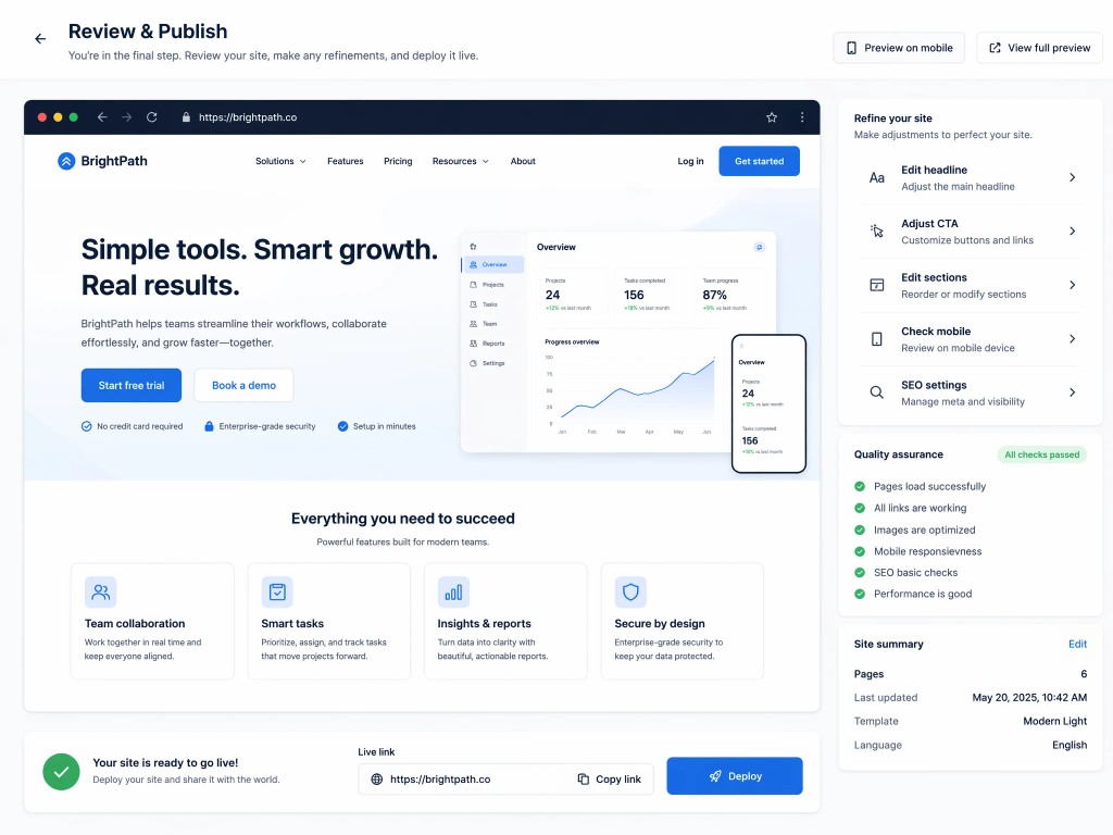 User reviewing and deploying a Muse-generated website