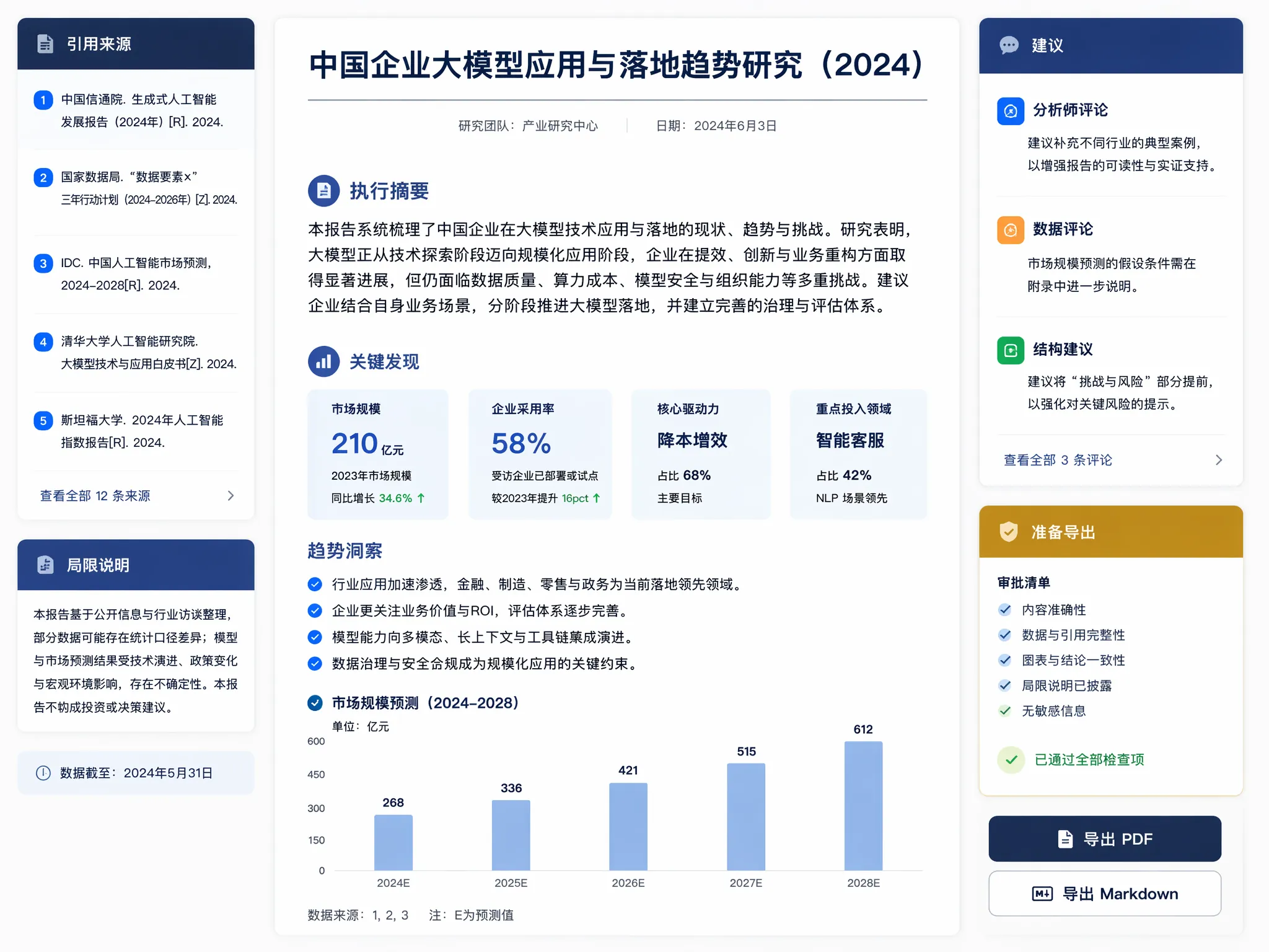 User reviewing and exporting a deep research report