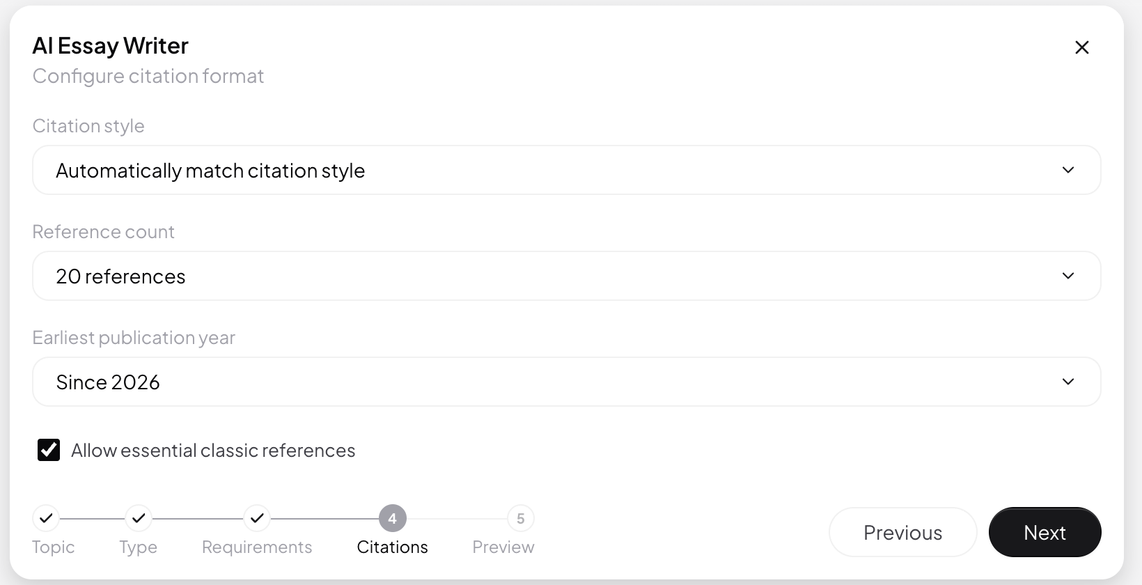 Essay Writer에서 인용과 참고 문헌 설정하기