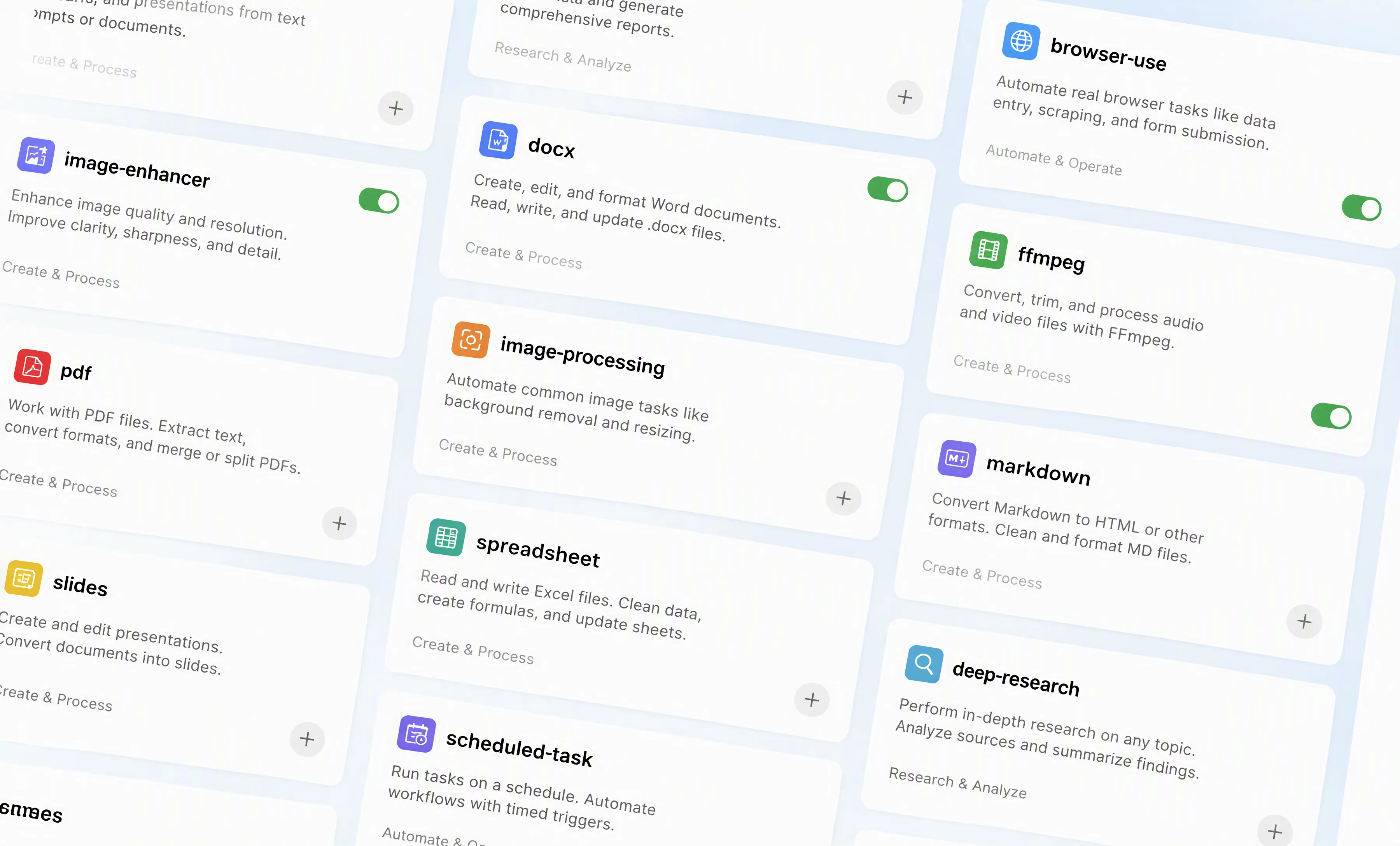More than 140 Skills organized across writing, documents, data, images, research, coding, websites, and productivity